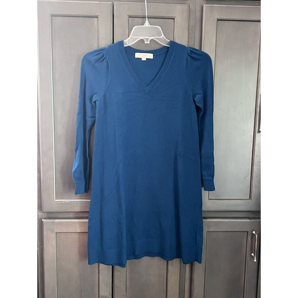 LOFT V-Neck Knit Sweater Dress Petite Small PS Teal Blue Long Sleeve Button Cuff
